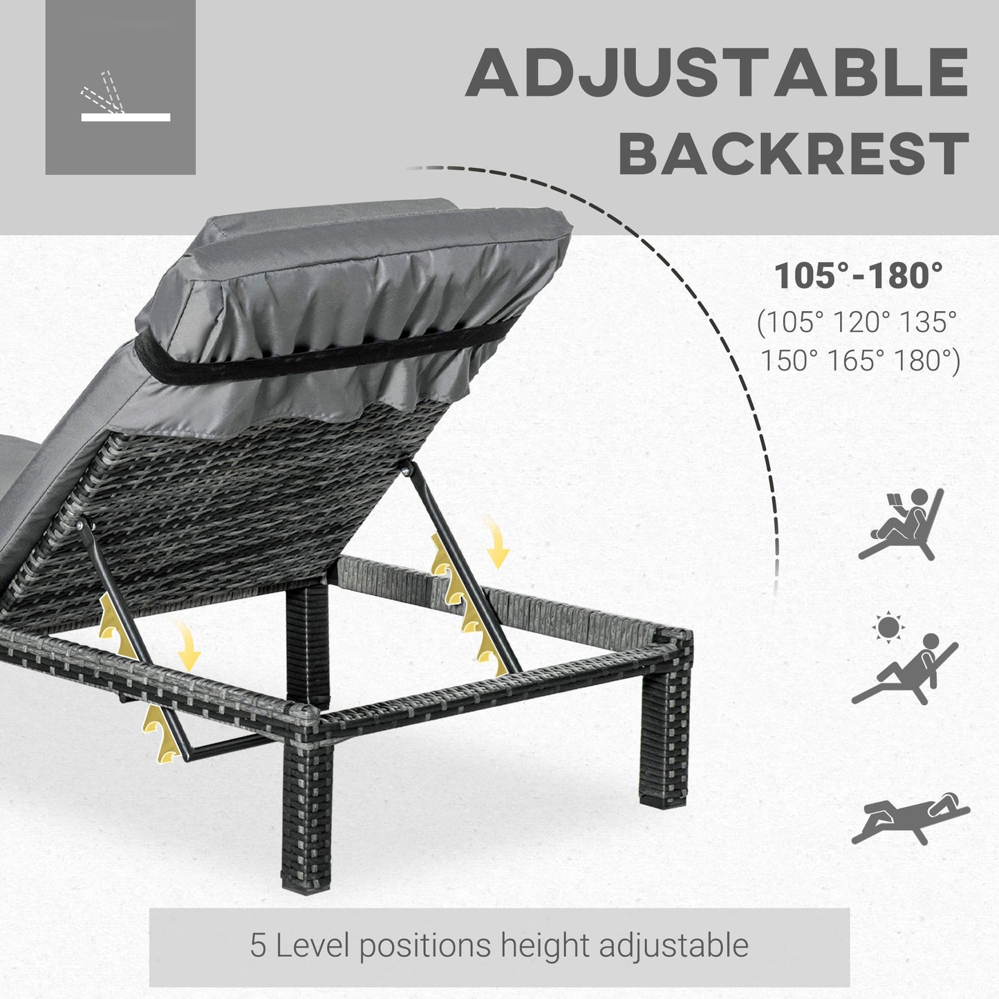 Outsunny 2 Pieces Outdoor PE Rattan Sun Loungers set of 2 with Cushion, Garden Wicker Sunbed Furniture with 5 - Level Recliner Backrest, Grey