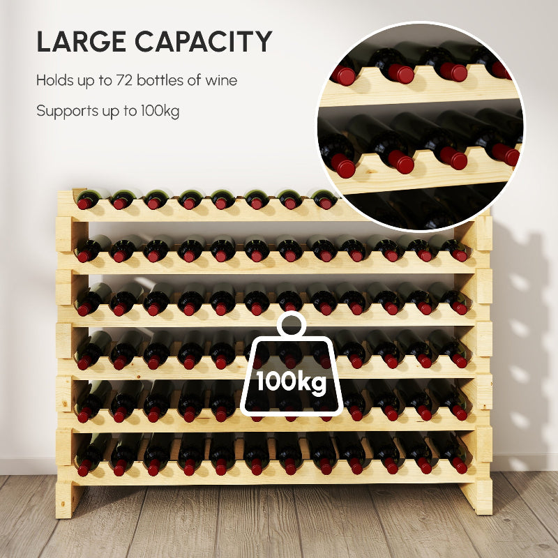 Wooden wine rack with bottles of wine, capacity details, and weight capacity indicator.