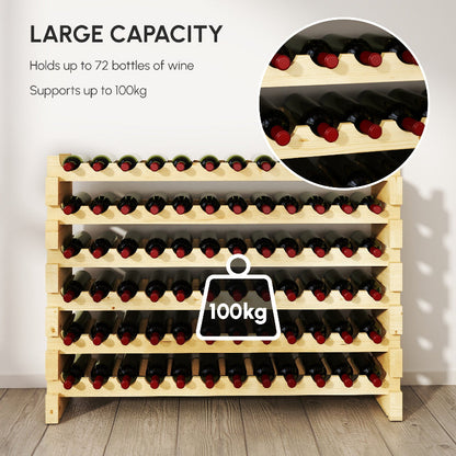 Wooden wine rack with bottles of wine, capacity details, and weight capacity indicator.