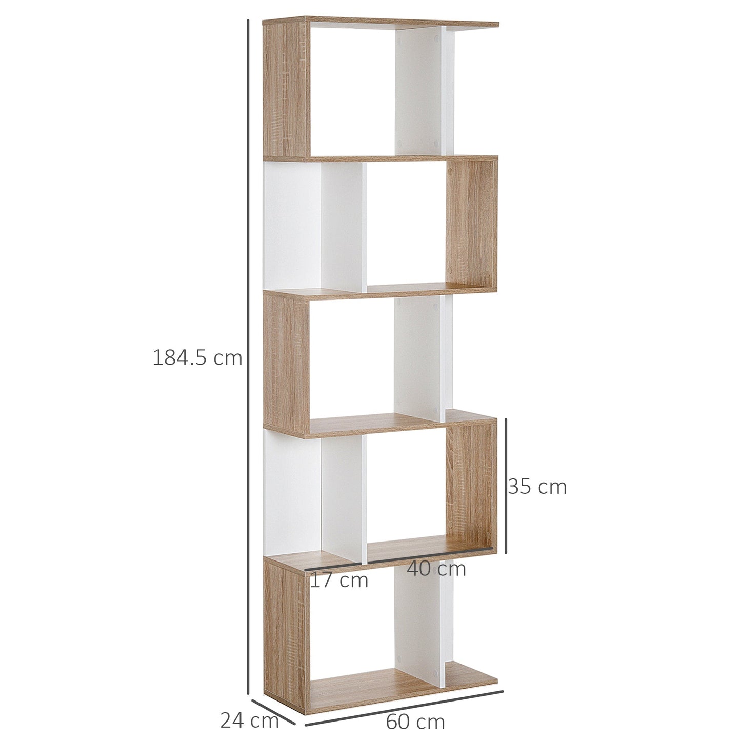 HOMCOM Bookcase, S-Shaped Wooden Bookshelf, 5/6 Tiers Freestanding Storage Shelf, Home Office Decorative Display Stand Rack, Oak and White, 24D x 60W x 184.5H