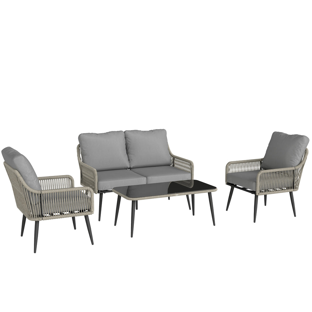 Outsunny Rattan Garden Furniture Set, 4 Piece Outdoor Patio Furniture with Tempered Glass Table and Chairs, Indoor Balcony Conservatory Set