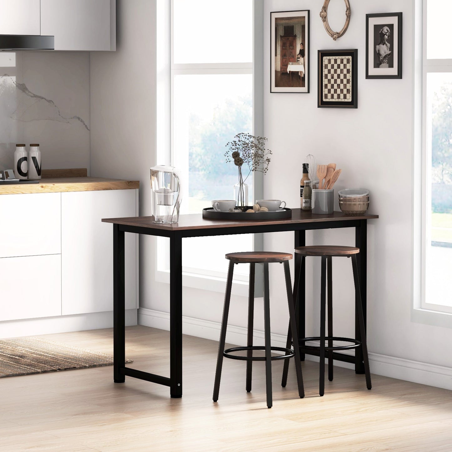 HOMCOM Bar Stools, Set of 2 Kitchen Breakfast Stools with Sturdy Steel Frame, Industrial Tall Bar Chairs, 65cm High Seat, Rustic Brown