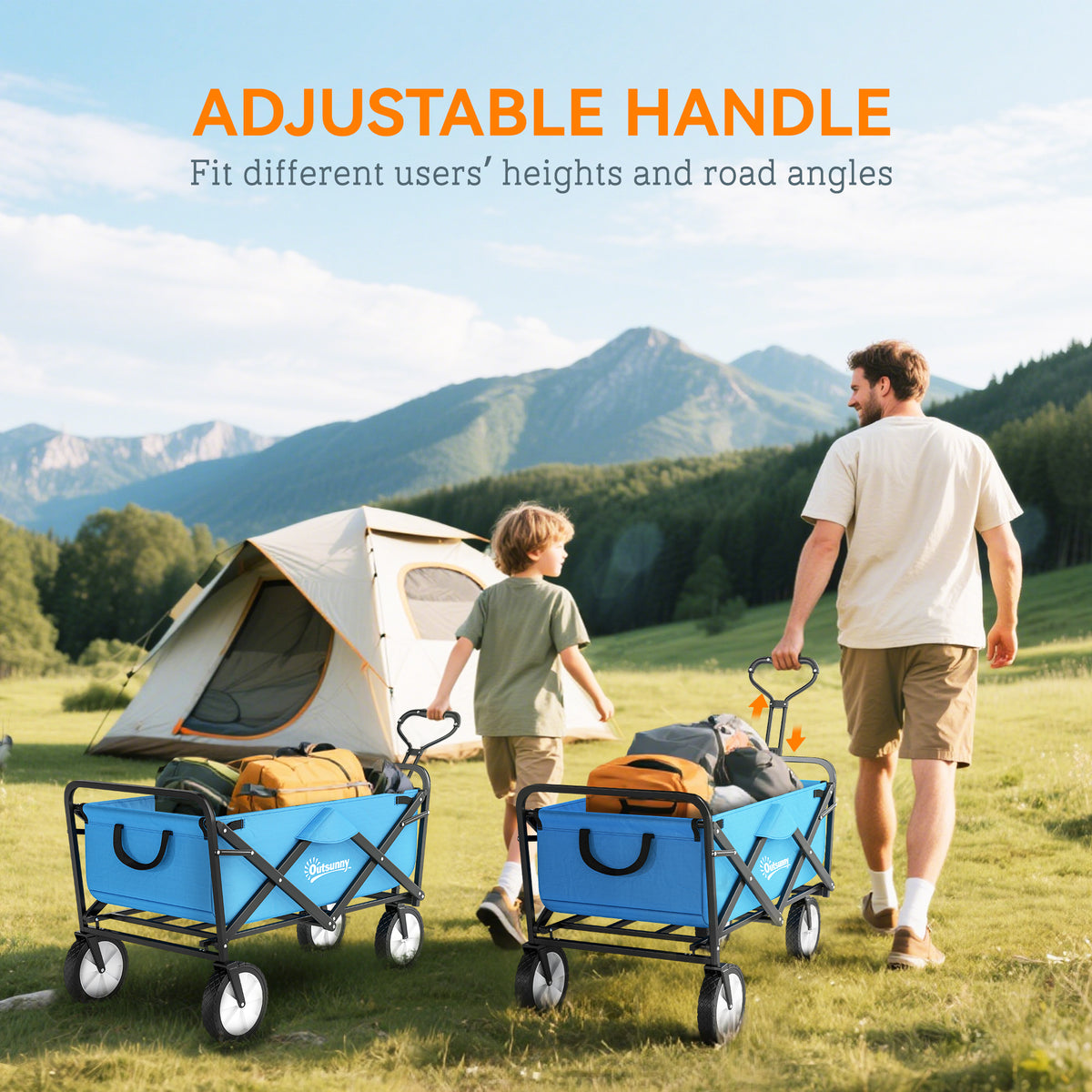 Outsunny 135L Festival Trolley on Wheels, Folding Wagon Camping Trolley Cart with Adjustable Handle, Dual Brakes, Portable Wagon Cart for Outdoor, Garden, Shopping, Fishing, Blue