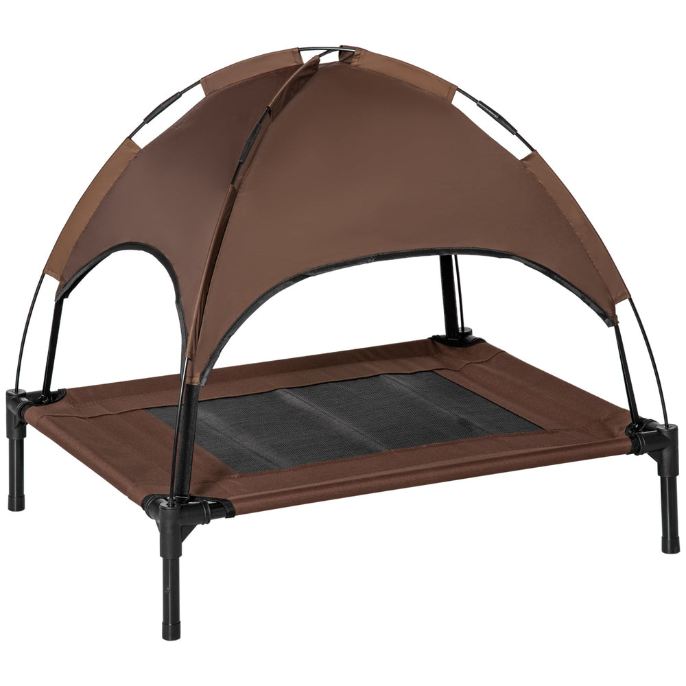 PawHut Raised Dog Bed Waterproof Elevated Pet Cot with Breathable Mesh UV Protection Canopy Brown, for Medium Dogs, 76 x 61 x 73cm