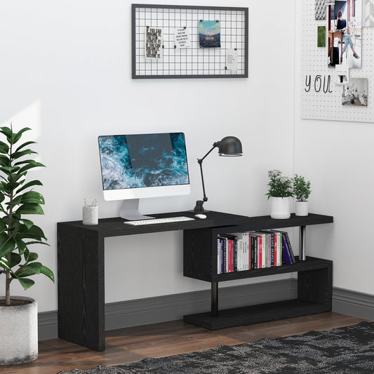 HOMCOM L Shaped Desk with 360Â° Rotating Storage Shelves, Corner Computer Desk, Space Saving Study Table for Home Office, Black