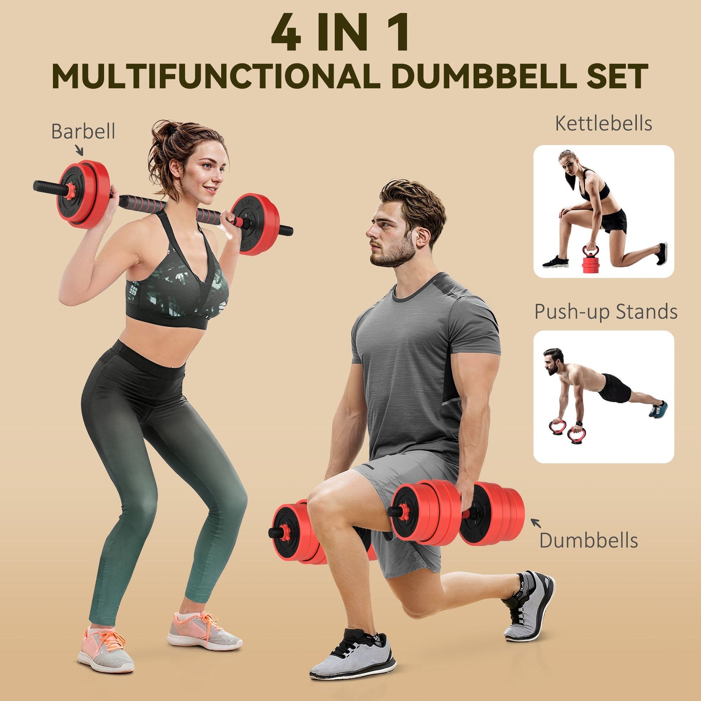 SPORTNOW 30kg Four-In-One Adjustable Weight Dumbbells Set, Barbell, Kettlebell, Push Up Stand - Red