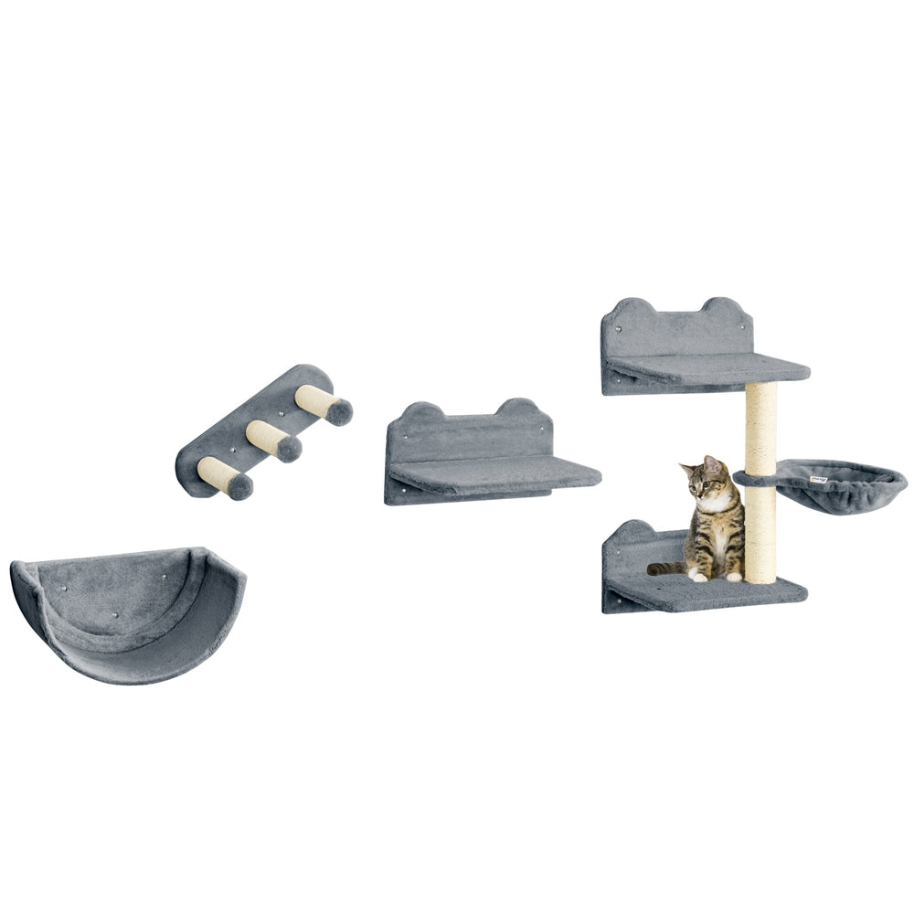 PawHut 4PCs Wall-Mounted Cat Shelves w/ Scratching Post, Hammock, Nest - Grey