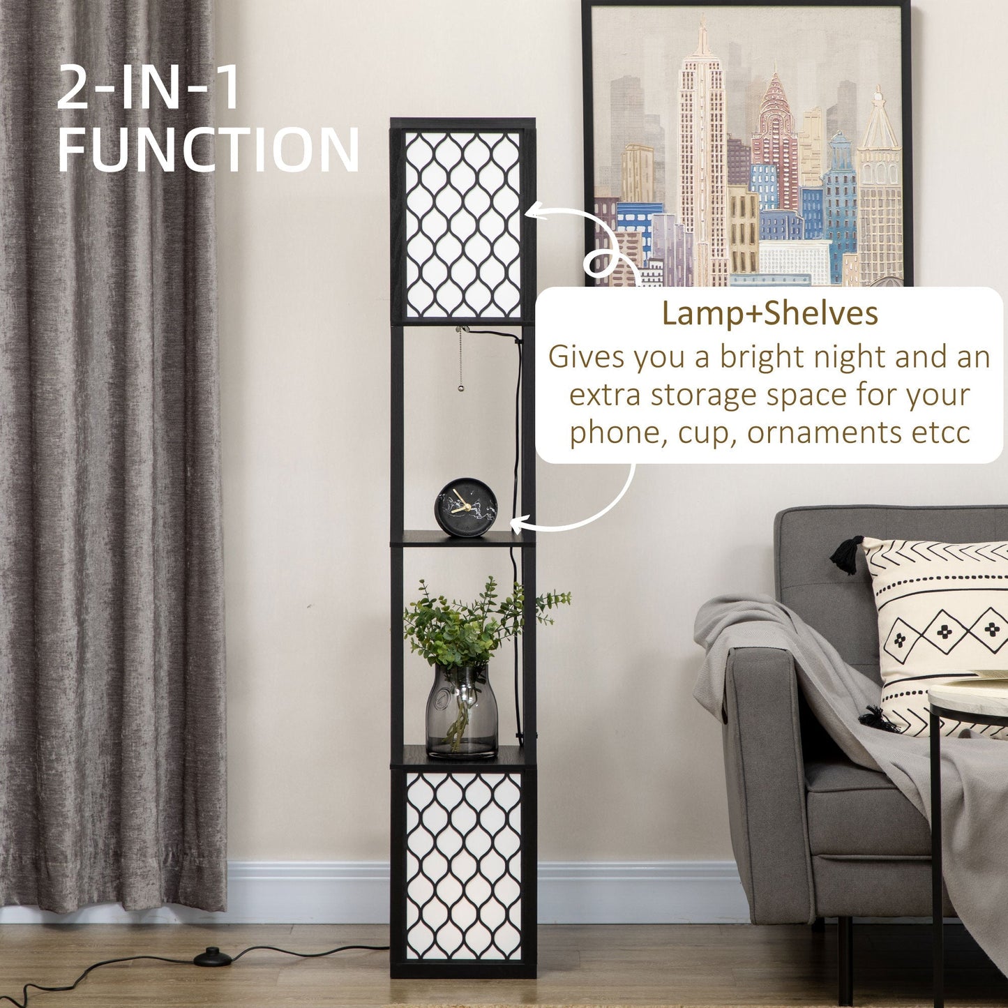 HOMCOM Floor Lamp with Shelves, Dual Light, Modern Tall Standing Lamps for Living Room, Bedroom, with Chain Switch, Bulb not Included, Black