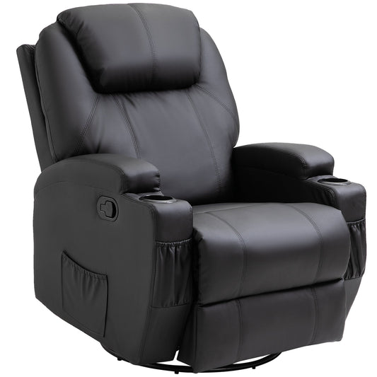 HOMCOM Recliner Chair, Recliner Massage Rocker Chair with 360 Rotate, 165 Reclining Function, Adjustable Footrest, Swivel Armchair Single Sofa for Living Room with Drink Holders, Side Pockets, Black