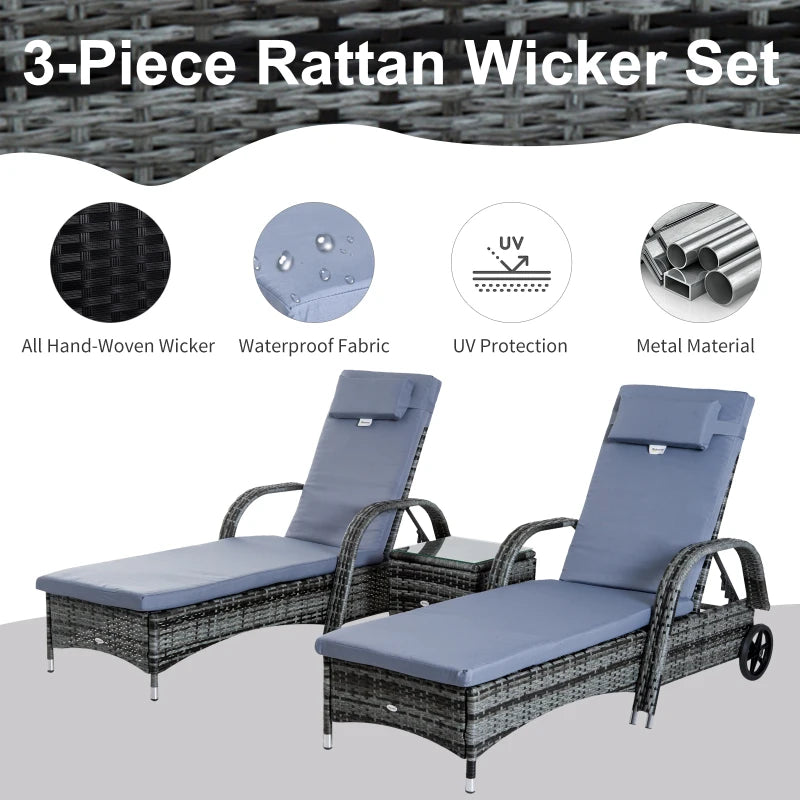 Boro 2 Seat Rattan Reclining Sun Lounger with Side Table Set Brown, Grey, Black