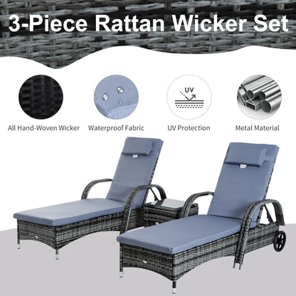 Boro 2 Seat Rattan Reclining Sun Lounger with Side Table Set Brown, Grey, Black