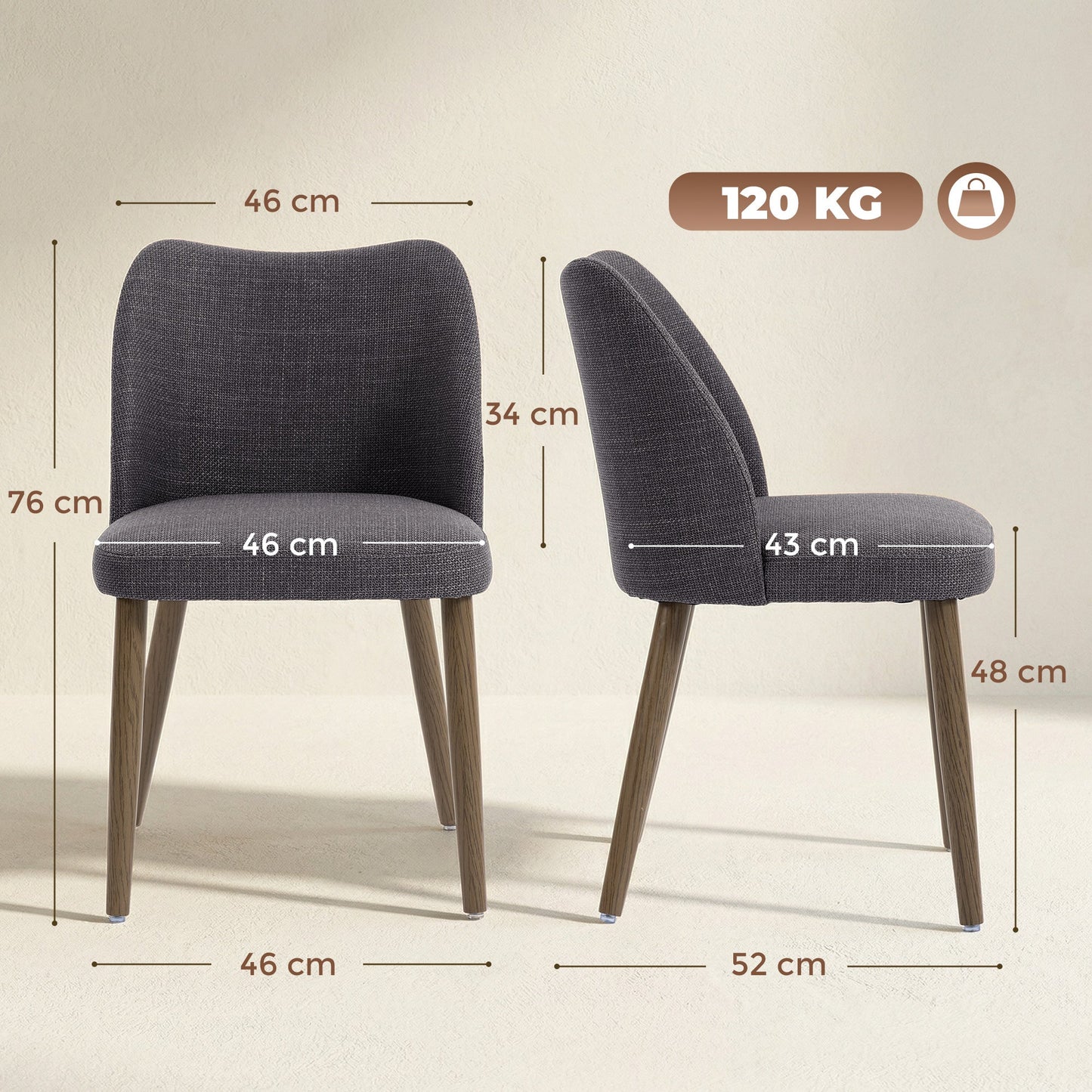 HOMCOM Dining Chairs Set of 2, Linen Upholstered Kitchen Chairs with Padded Seat, Curved Backrest, Rubberwood Legs, Dark Grey