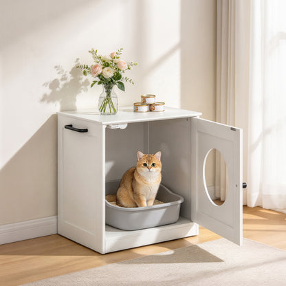 PawHut Cat Litter Box Enclosure, Hidden Litter Box Furniture with Side Hook, Wooden Cat Washroom Storage Cabinet, White