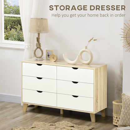 HOMCOM Bedroom Chest of Drawers, Wide 6-Drawer Dresser, Storage Drawer Unit with Wood Legs for Living Room, White and Light Brown
