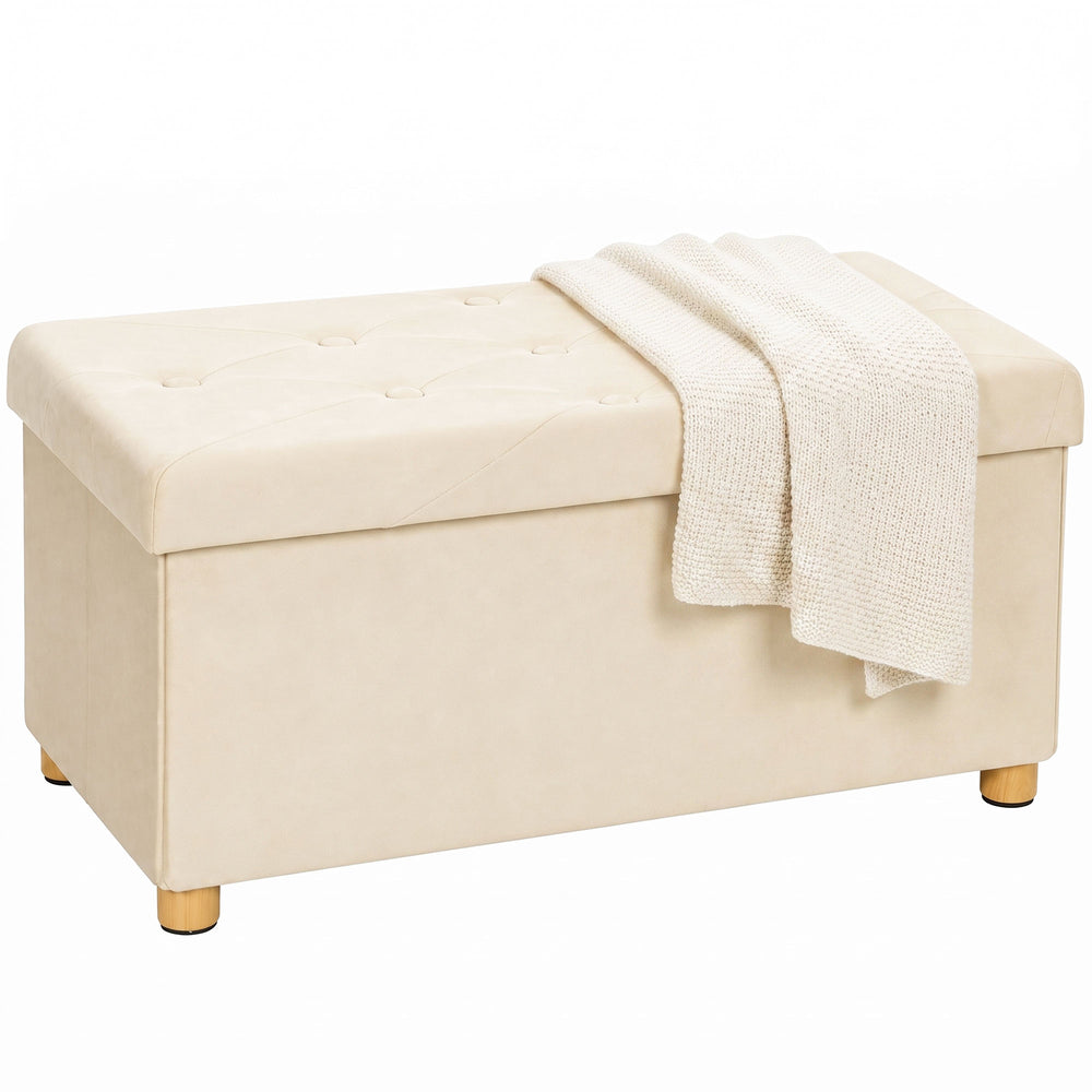 HOMCOM Velvet Upholstered Foldable Ottoman Footrest, Storage Ottoman Bench with Wood Legs for Living Room, Cream White