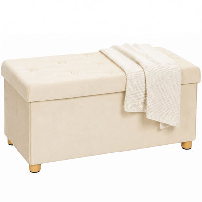 HOMCOM Velvet Upholstered Foldable Ottoman Footrest, Storage Ottoman Bench with Wood Legs for Living Room, Cream White