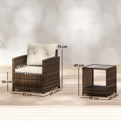 Outsunny Rattan Bistro Set, 3 Piece Garden Furniture Set with 2 Tier Glass Top Table and Cushions, Mixed Brown