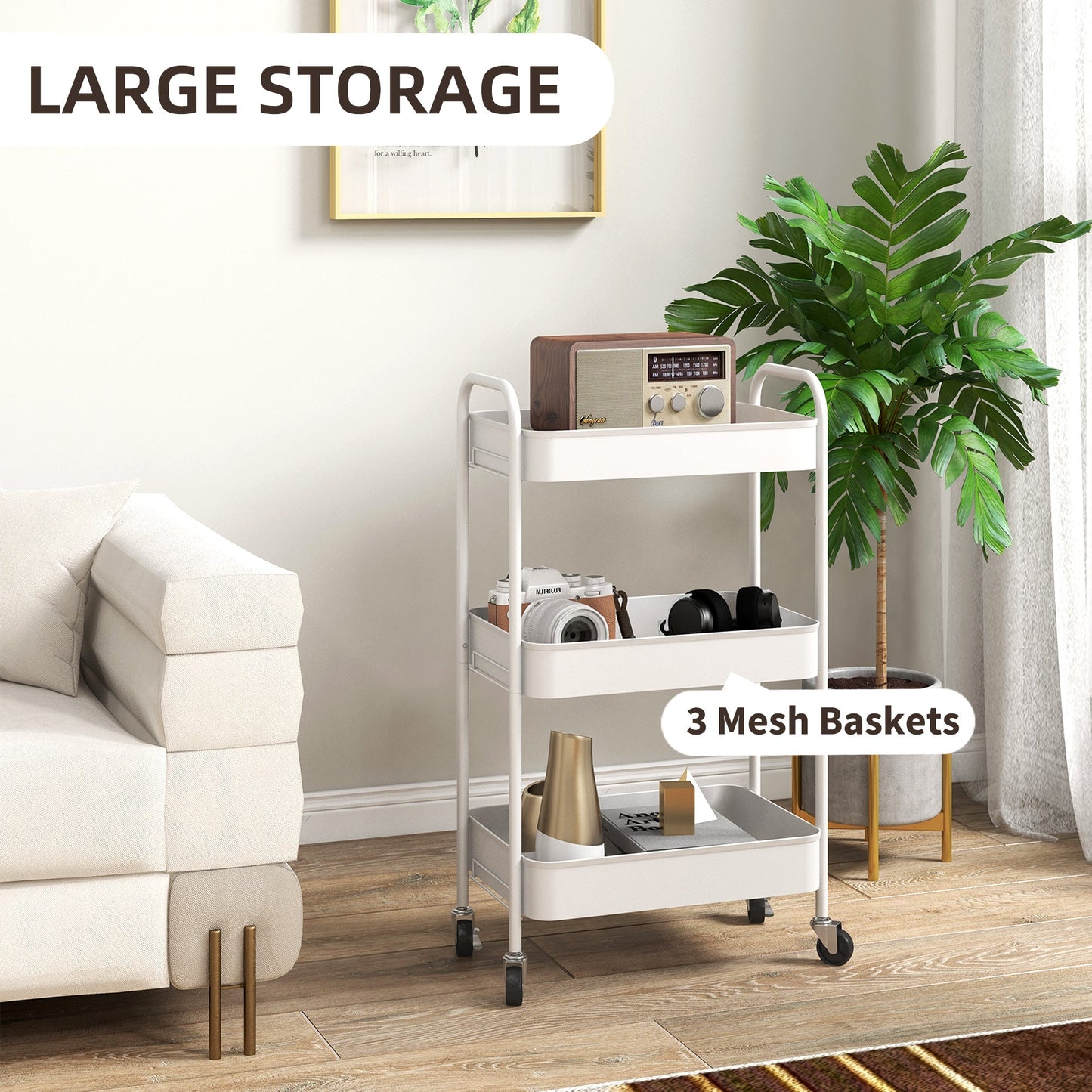 HOMCOM Three-Tier Steel Storage Trolley - White