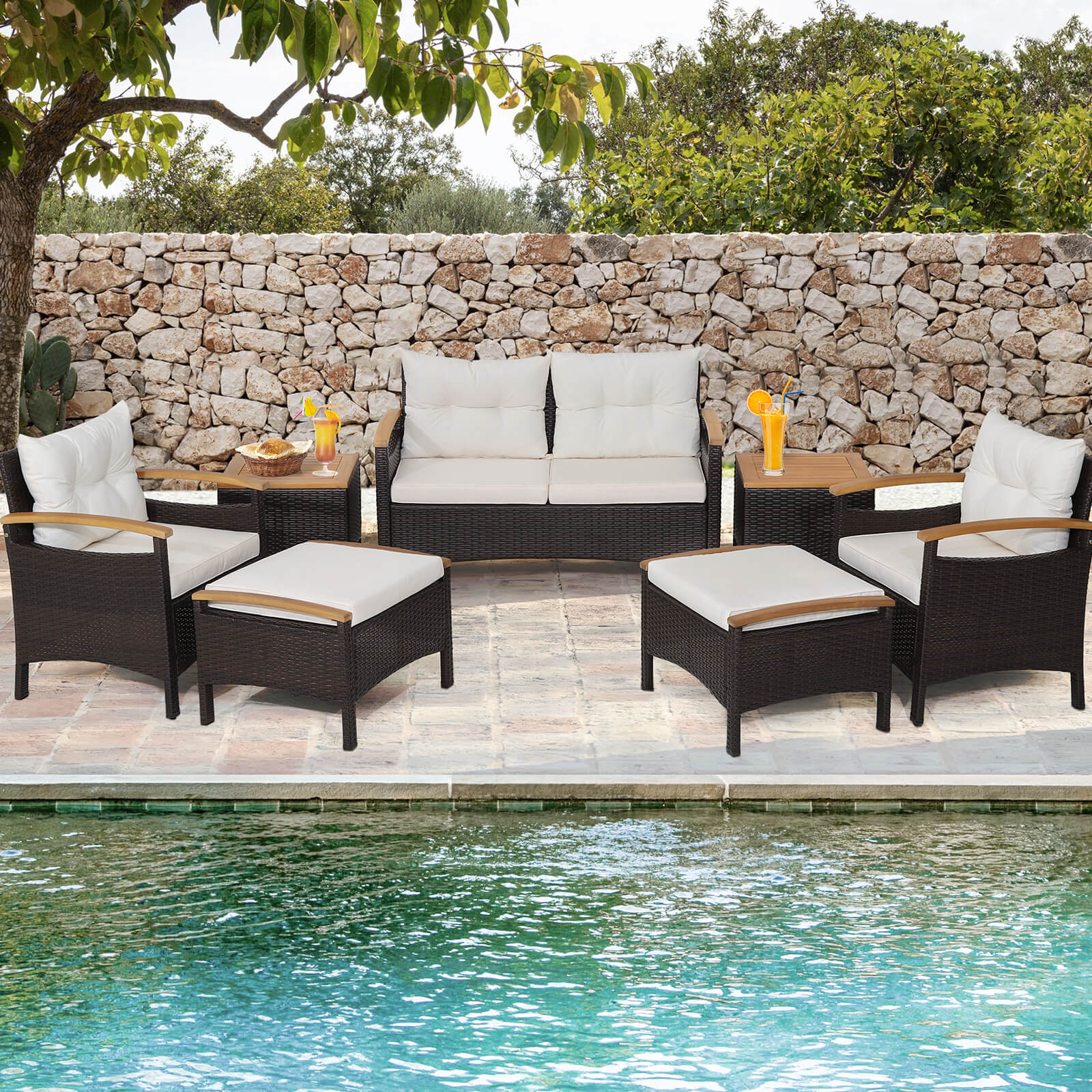 7 Piece Patio Rattan Sofa Set Outdoor with Cushions and Ottomans