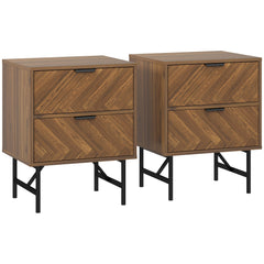 HOMCOM Bedside Table Set of 2 with 2 Drawers, Modern Side Tables with Herringbone Pattern and Metal Legs for Bedroom, Living Room, Walnut Brown