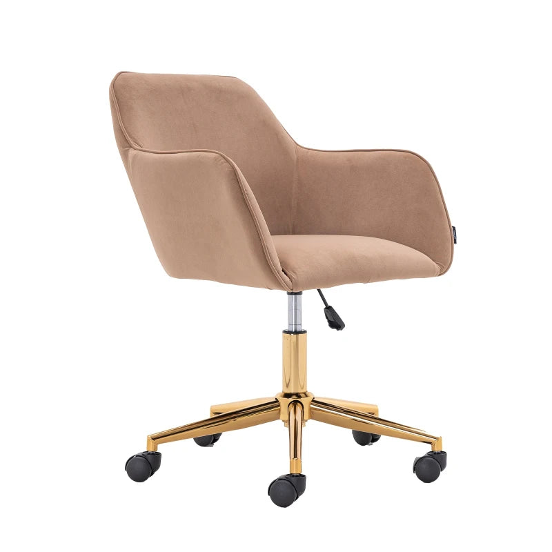 Velvet Adjustable Height Swivel Executive Office Chair with Gold Legs, Ergonomic Backrest, 58x58x86 cm, Coffee