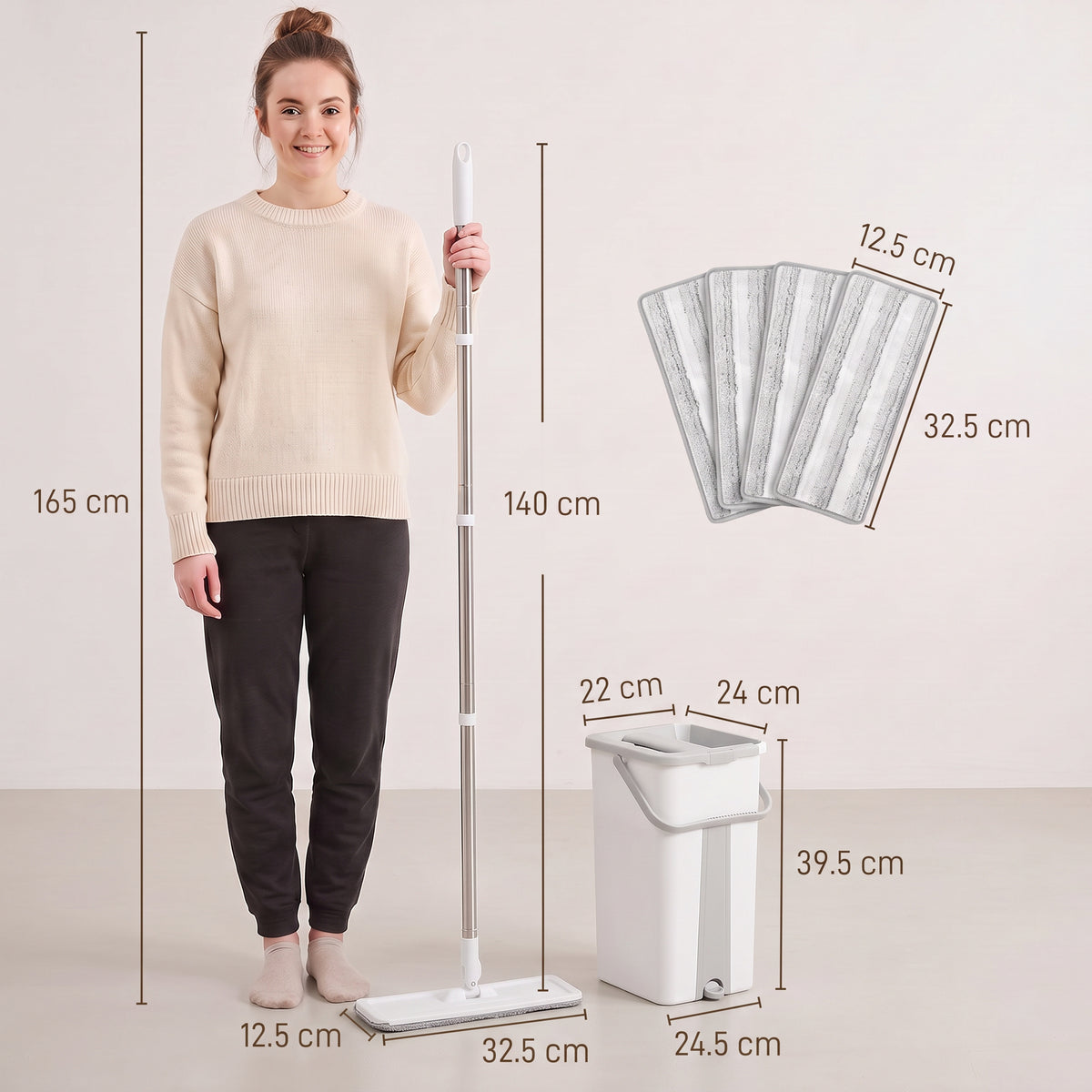 HOMCOM Mop and Bucket Set, Compact Flat Mop System with Wringer, 2-Chamber Design, 5 Reusable Pads, 127cm Handle, White