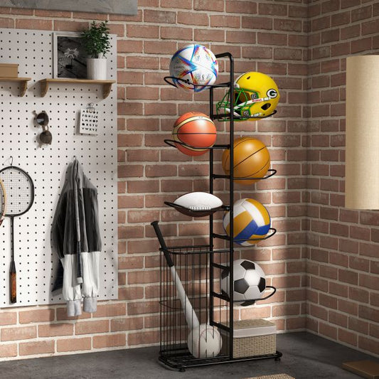 Metal Basketball Holder with 7 Removable Hanging Rods and Side Ball Basket