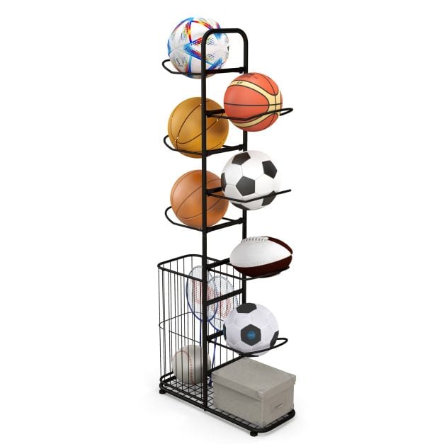 Metal Basketball Holder with 7 Removable Hanging Rods and Side Ball Basket