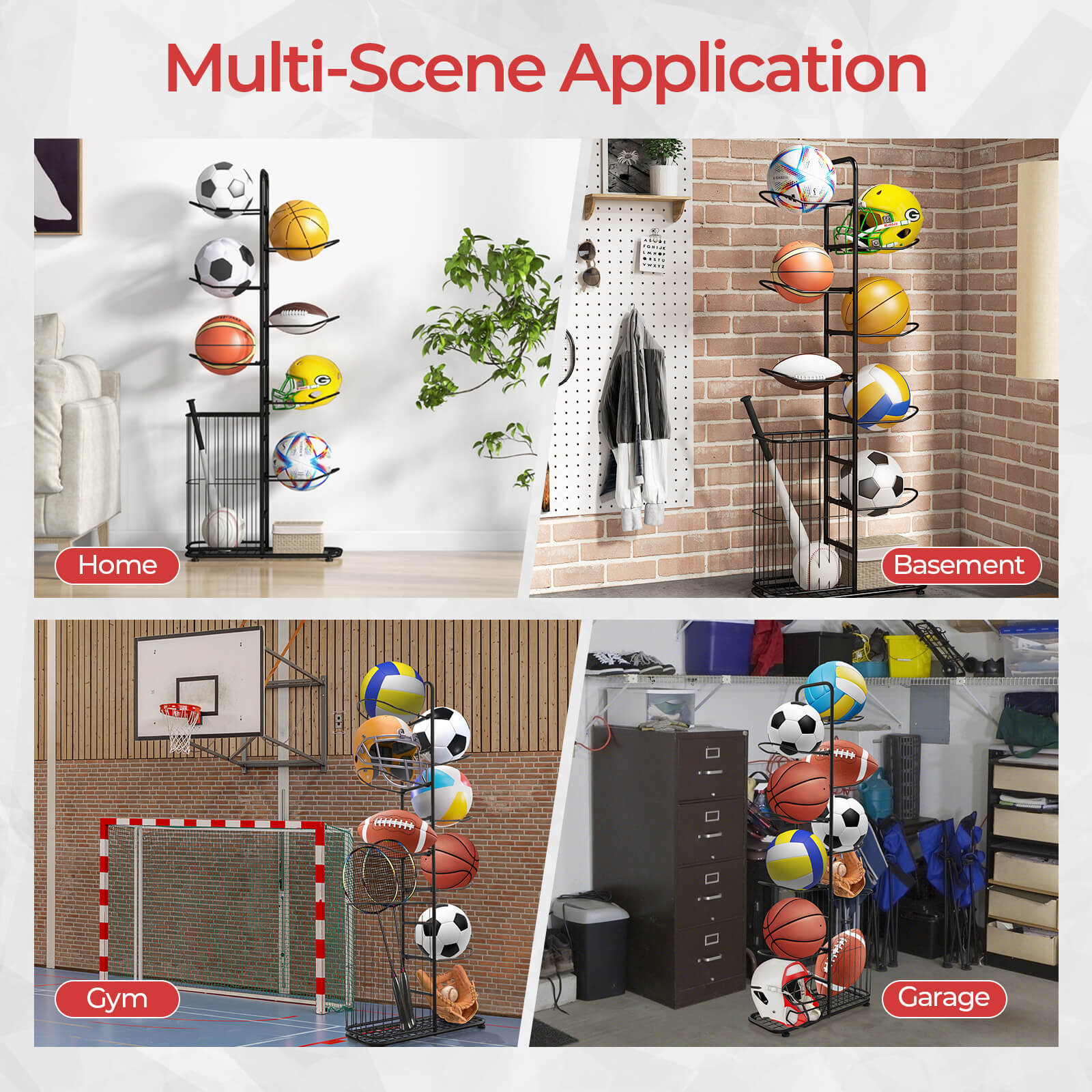 7-Tier Ball Storage Rack with Removable Hanging Rods and Side Basket