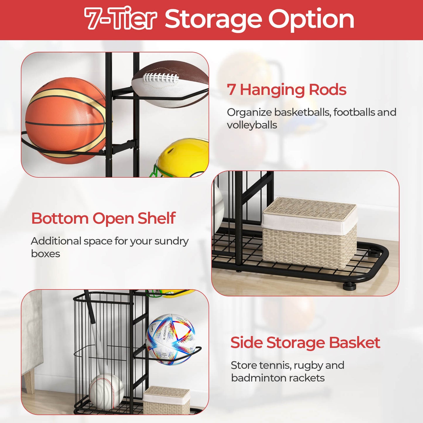 7-Tier Ball Storage Rack with Removable Hanging Rods and Side Basket