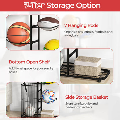 7-Tier Ball Storage Rack with Removable Hanging Rods and Side Basket