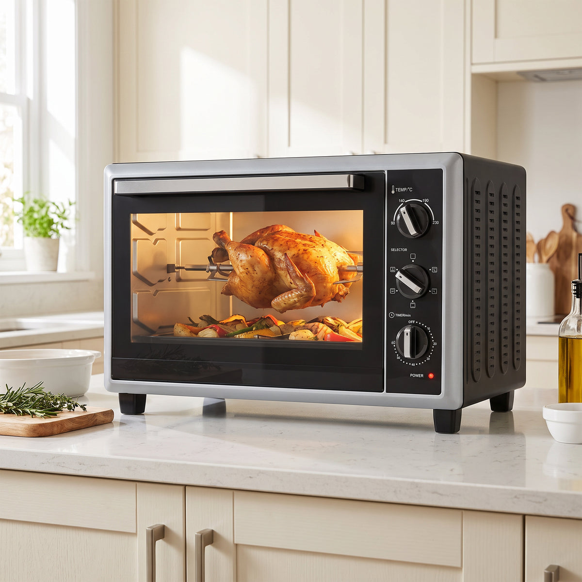 HOMCOM 36L Mini Oven with Convection, Electric Countertop Cooker with Rotisserie, 90-230°C Adjustable Temperature, 1500 W