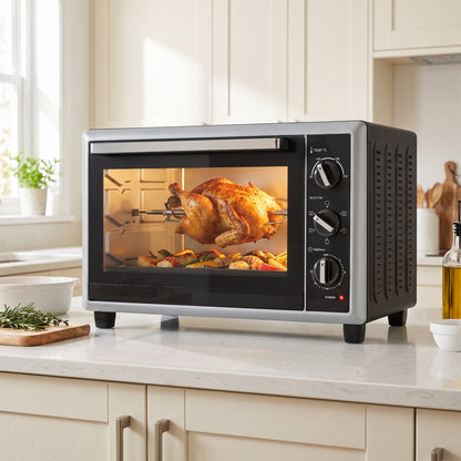 HOMCOM 36L Mini Oven with Convection, Electric Countertop Cooker with Rotisserie, 90-230°C Adjustable Temperature, 1500 W