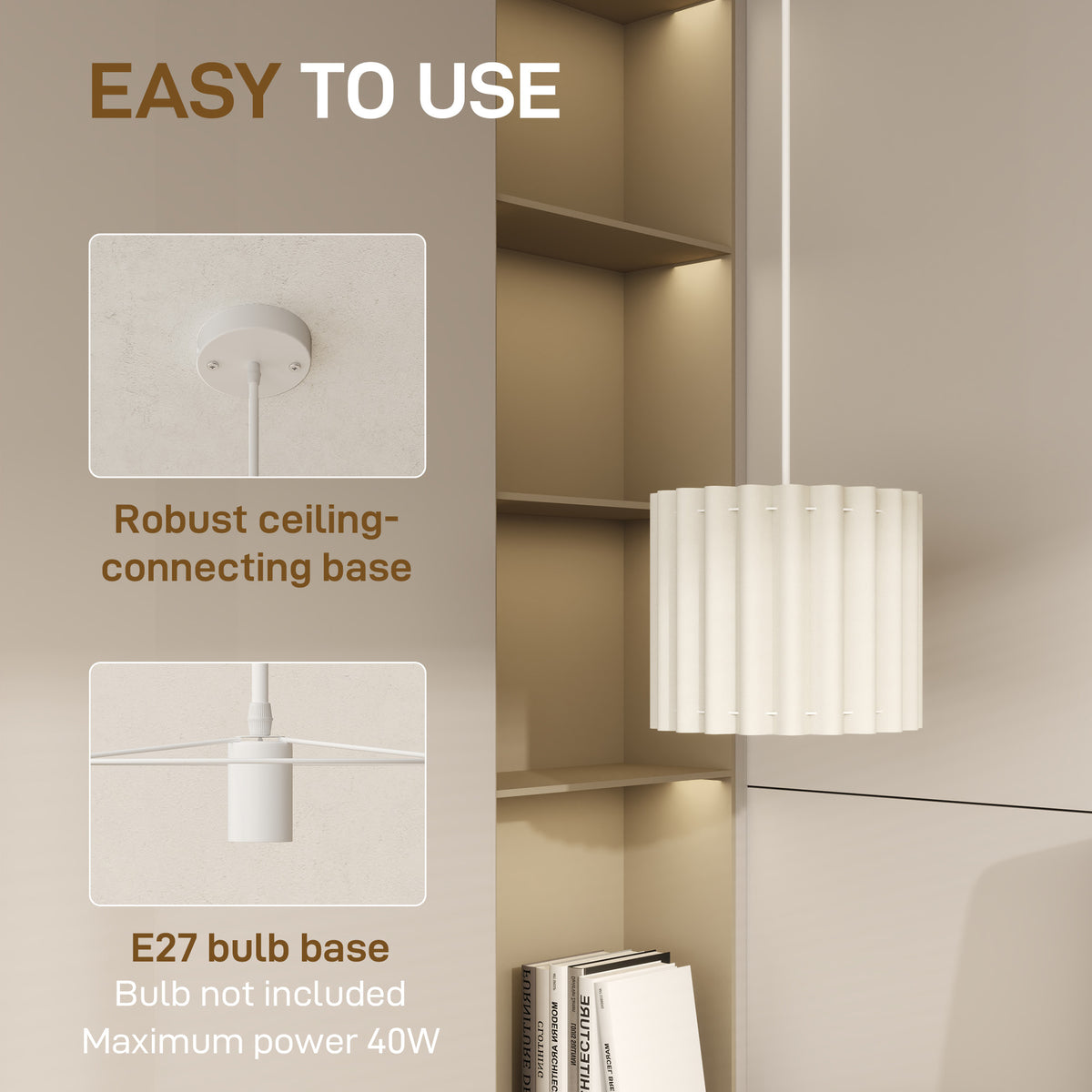 HOMCOM Linen Pendant Light, Bedside Ceiling Lamps with E27 Bulb, Modern Hanging Lights for Living Room, Bedroom, Kitchen, Hallway, White
