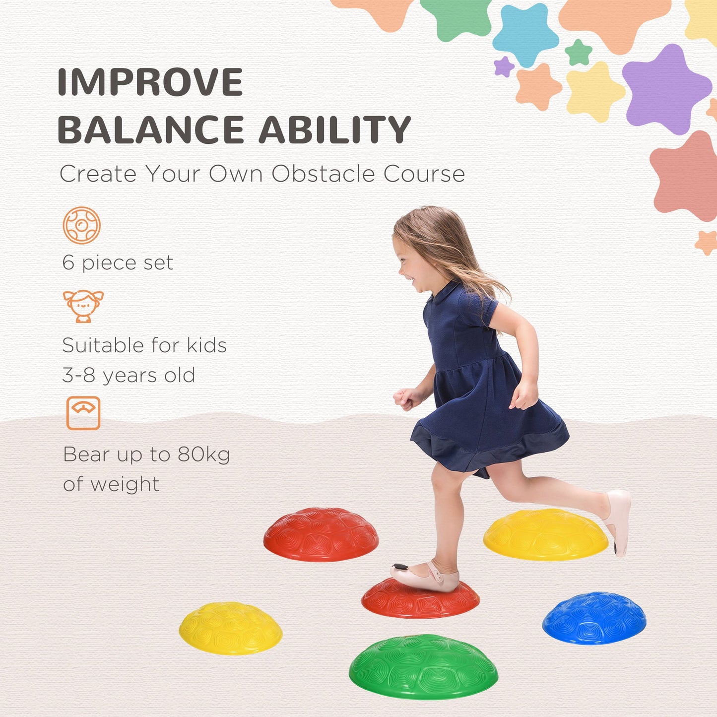 ZONEKIZ 6 Piece Kids Stepping Stones with Non-Slip Mats, Balance River Stones Indoor Outdoor Sensory Toys for 3-8 Years Old
