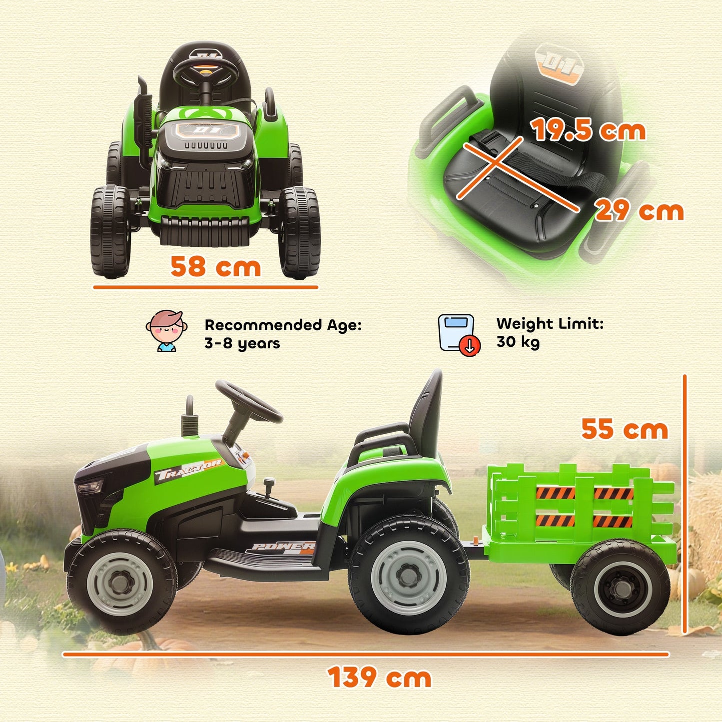 AIYAPLAY 12V Ride on Tractor and Trailer with Remote Control, Music, Shifter, Start-Up Sound, for Kids Ages 3-8 Years, Green