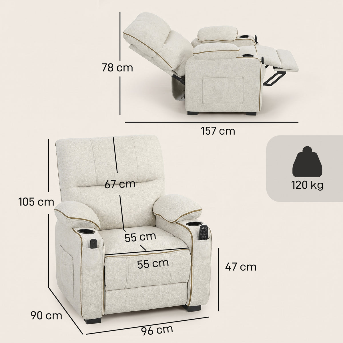 HOMCOM Electric Massage Recliner Armchair with Vibration, Heat, Whisper-Quiet Motor, Memory Function, Spring Pack, Beige