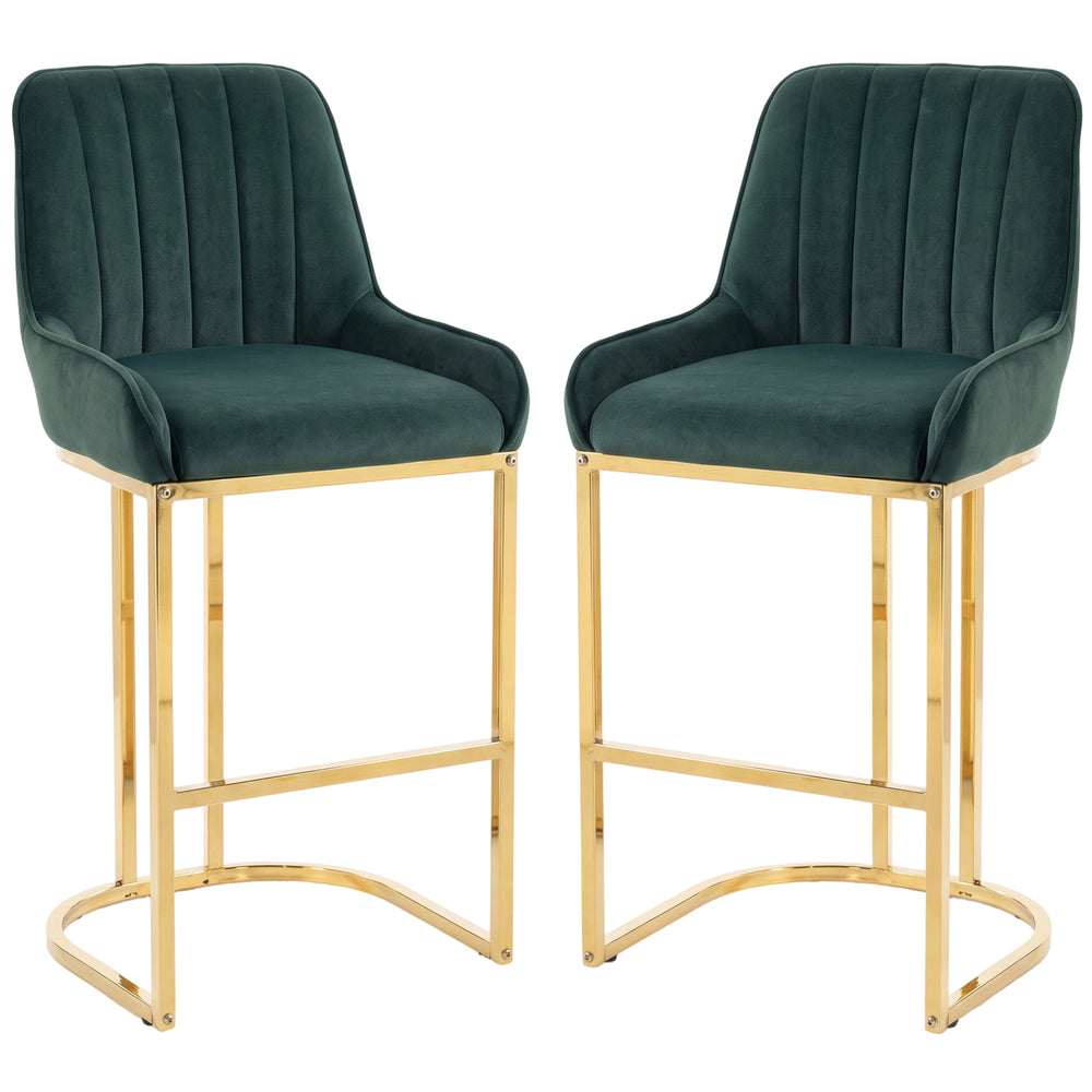 HOMCOM Bar Stools Set of 2 with Backrest, Footrest, Gold Electroplated Legs for Kitchen Island, Dining Room, Dark Green