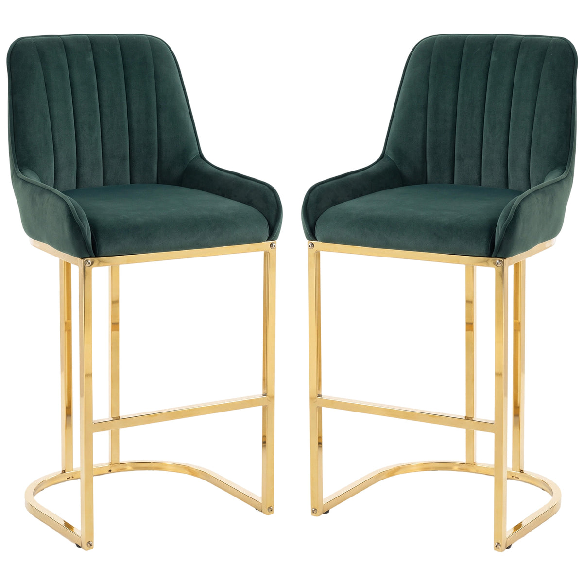 HOMCOM Bar Stools Set of 2 with Backrest, Footrest, Gold Electroplated Legs for Kitchen Island, Dining Room, Dark Green
