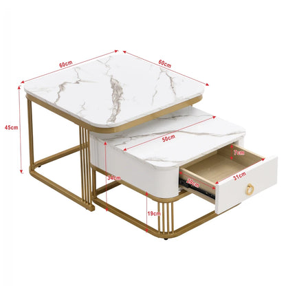 Nestable Coffee Table Set of Two with High Gloss Marble Top, Gold Accents, and Drawer, Perfect Side Tables for Living Room, 60x60x45 cm + 50x50x34 cm, White