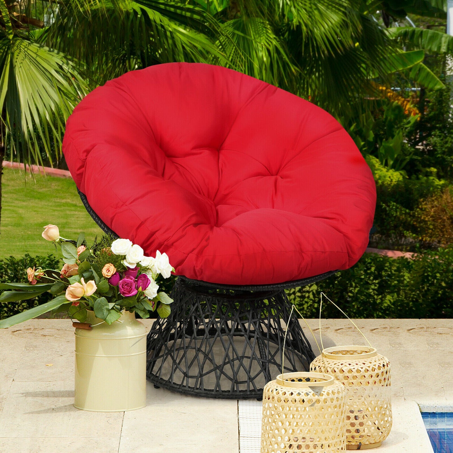 Rattan Papasan Chair with 360° Swivel and Soft Cushion-Red