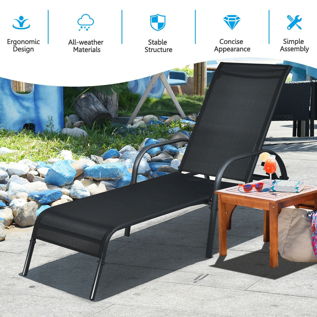 Folding Outdoor Patio Recliner Chair with 5-Level Adjustable Angles-Black