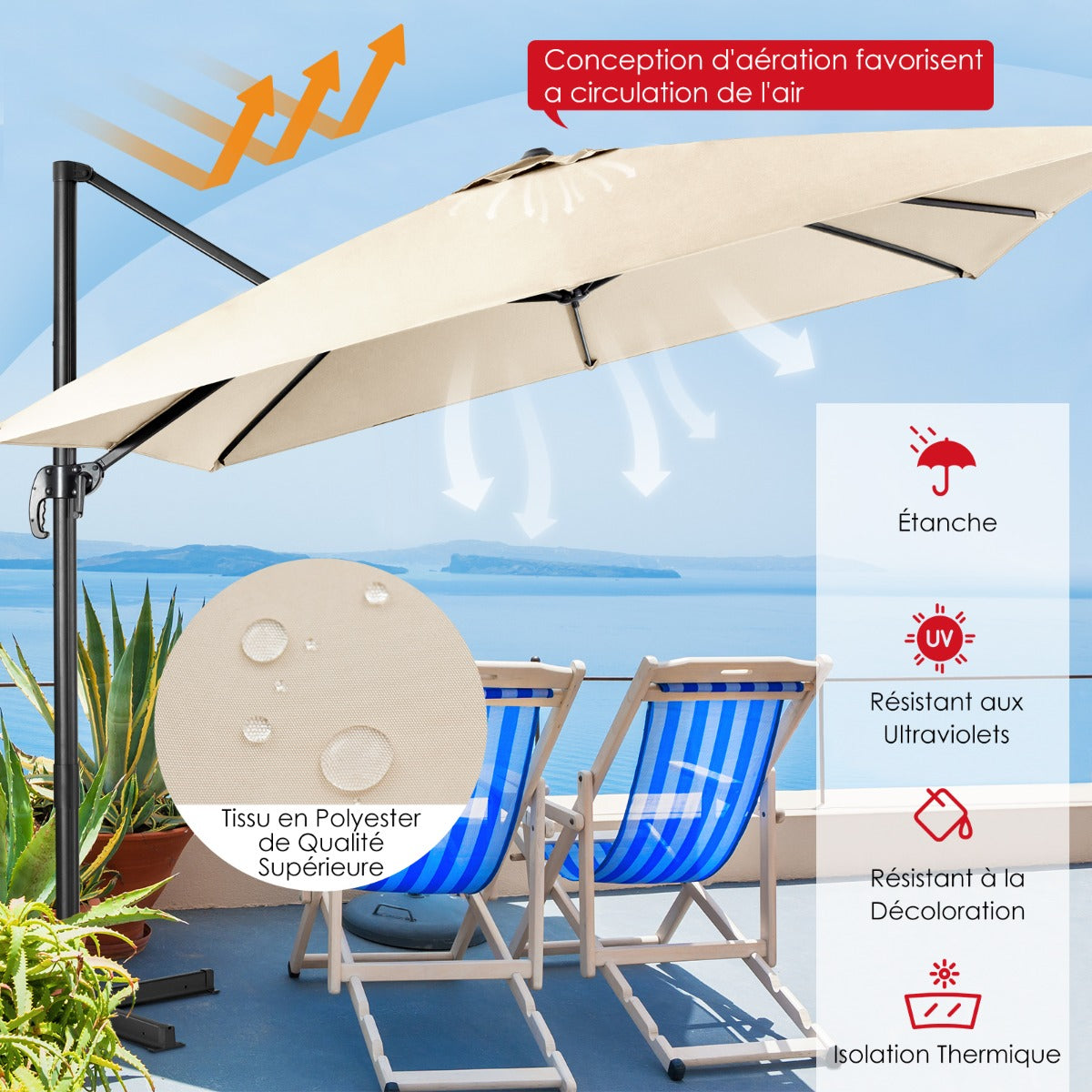 Parasol with 3 tilt settings for gardens terraces cafes 300 x 300 x 273 cm Beige