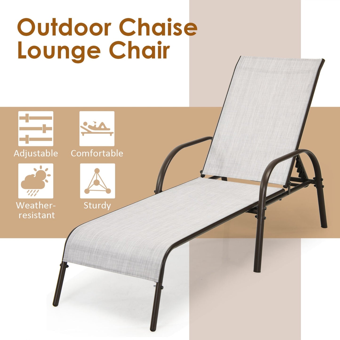 Adjustable Patio Chaise Outdoor Folding Lounge Chair with Adjustable Backrest-Gray