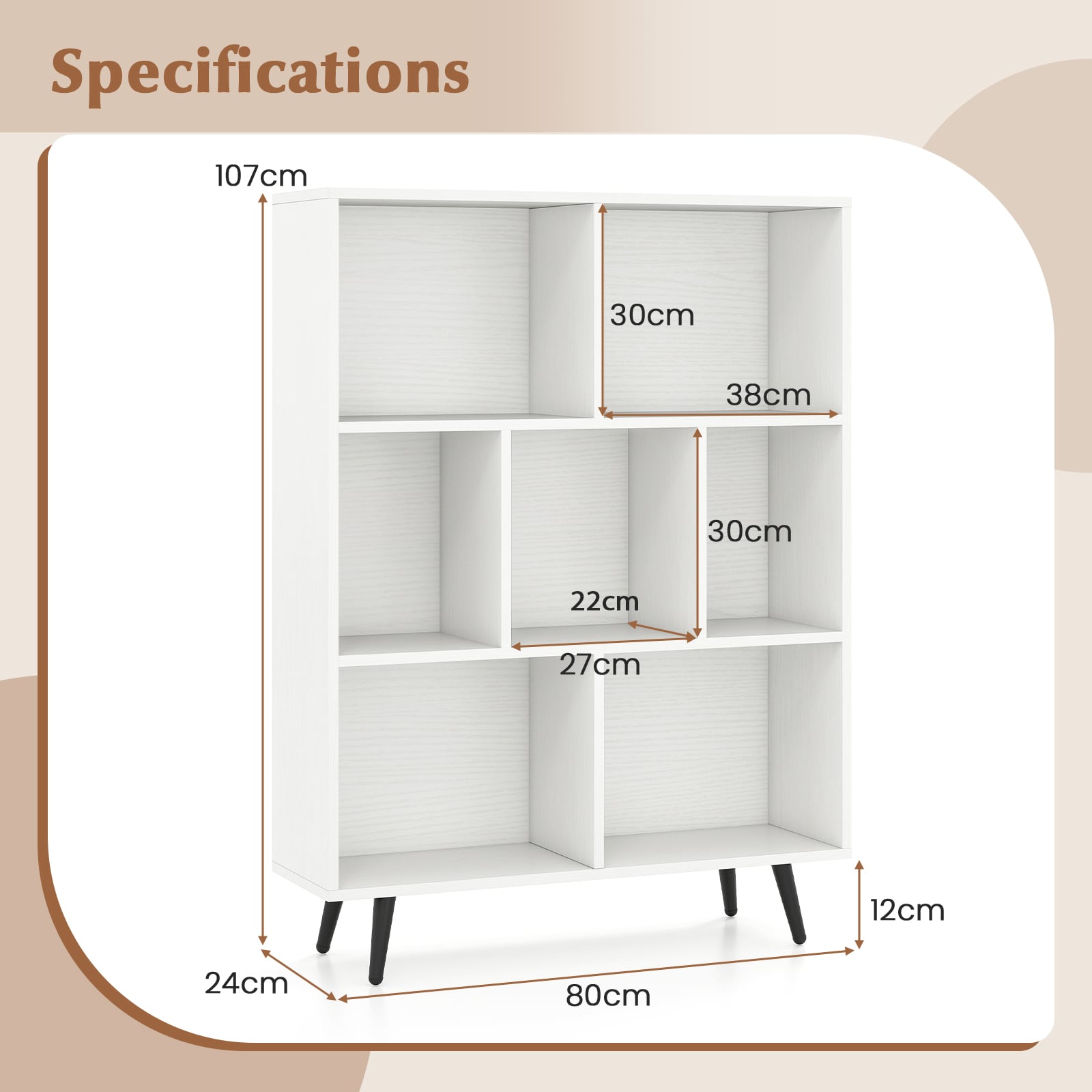 7-Cube Bookcase Mid Century Modern Storage Organizer with 4 Tapered Metal Legs-White