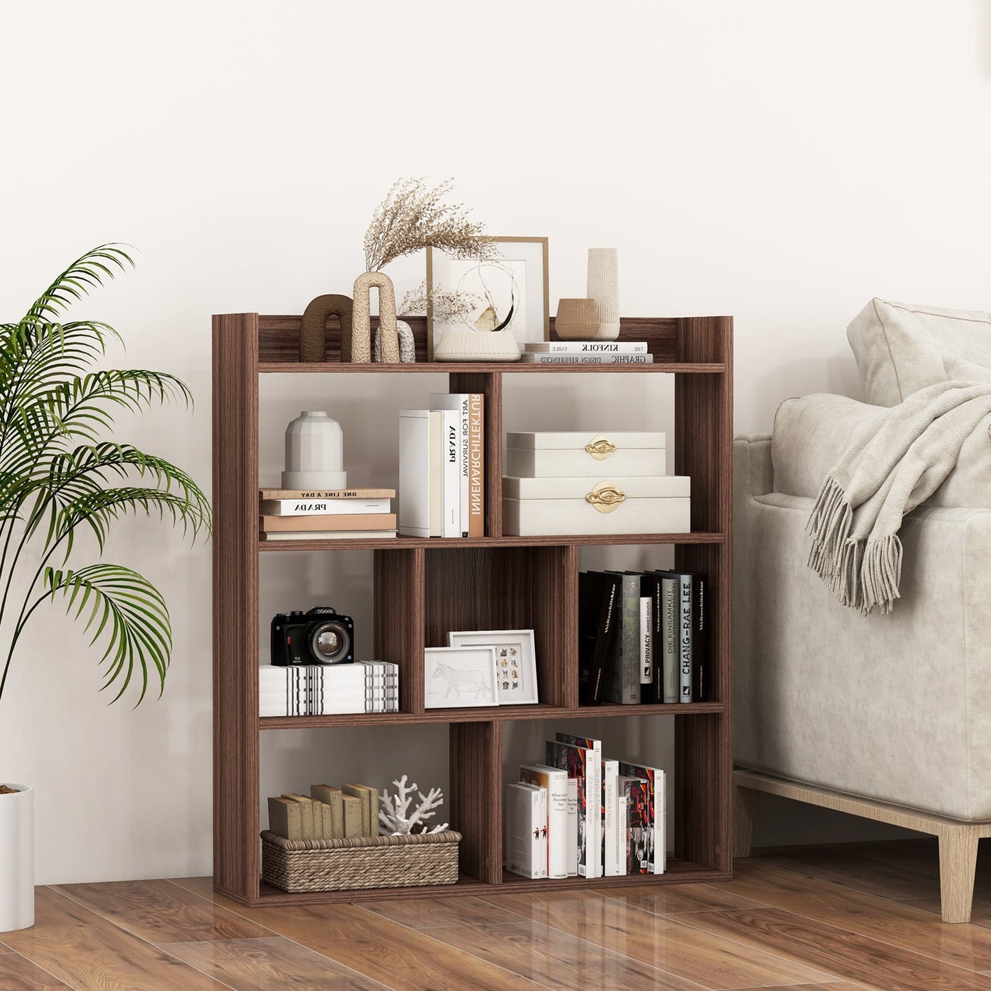 7 Cubes Open-back Bookshelf Home Storage Display Shelf-Walnut