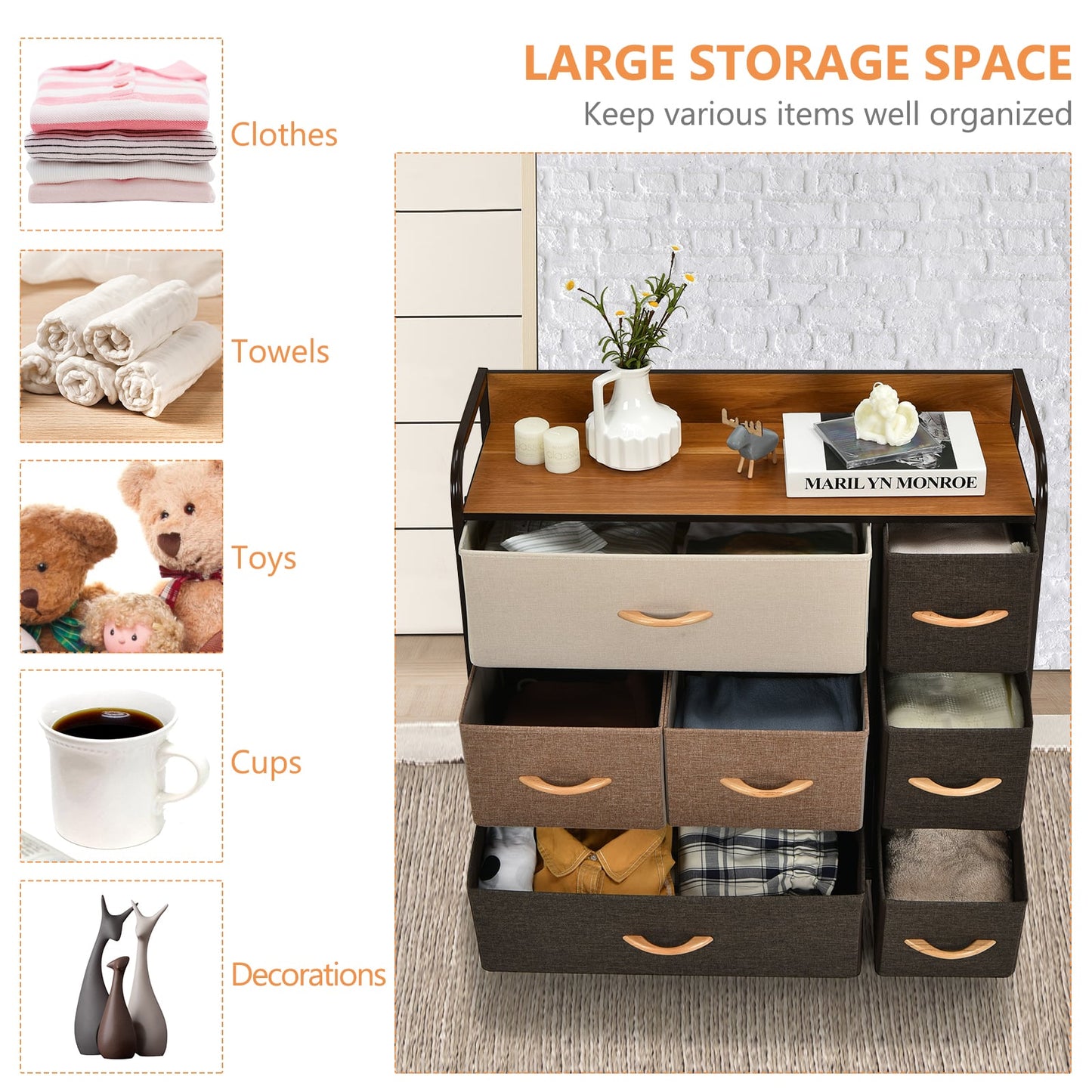 7-Drawer Dresser with Wooden Top for Bedroom Hallway