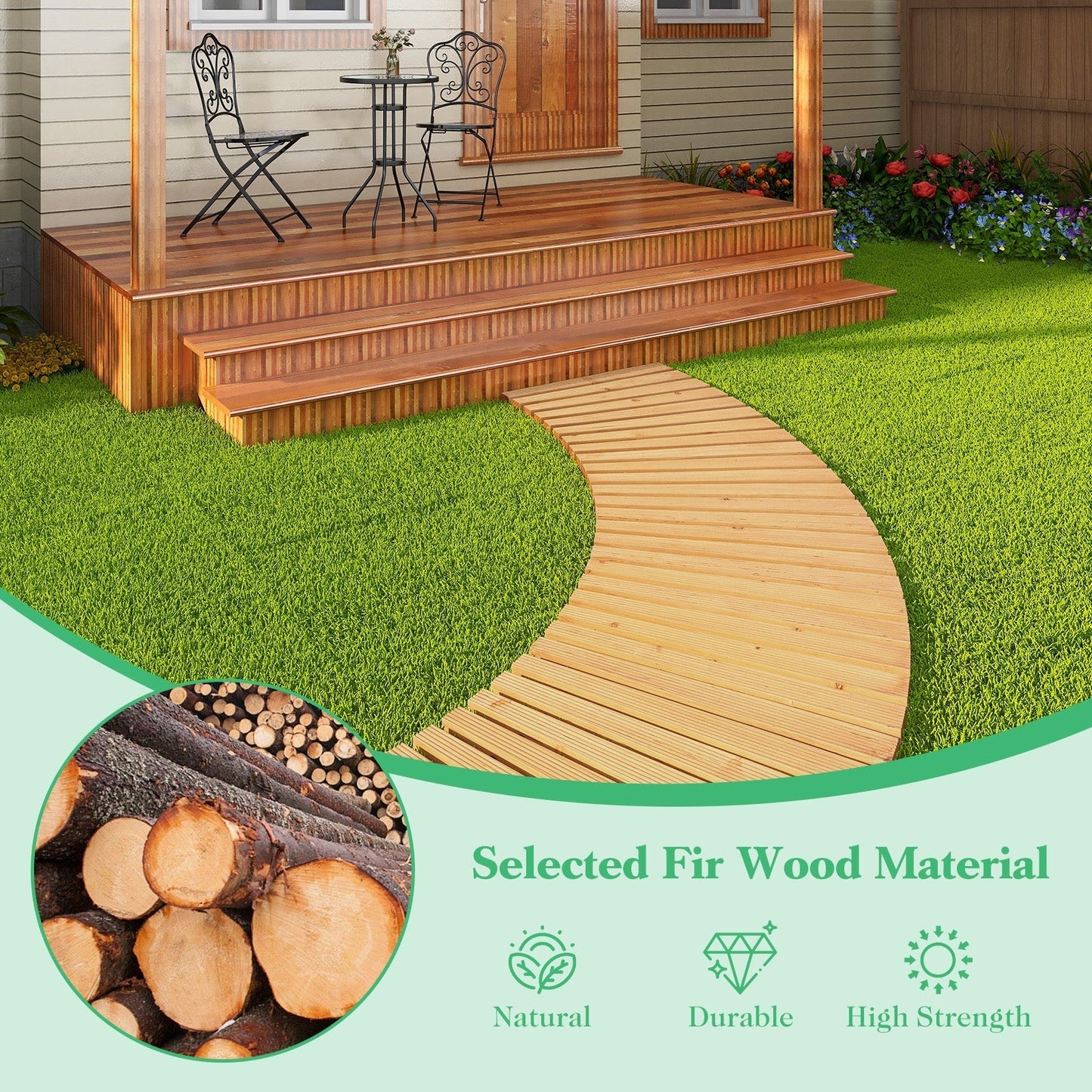 7 FT Wooden Garden Pathway Roll Out Curved Fir Wood Walkway with Anti-slip Surface-Natural