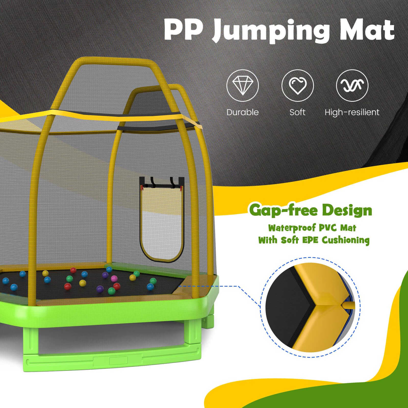 7 Feet Hexagonal Trampoline with Slide and Safety Enclosure Net-Green