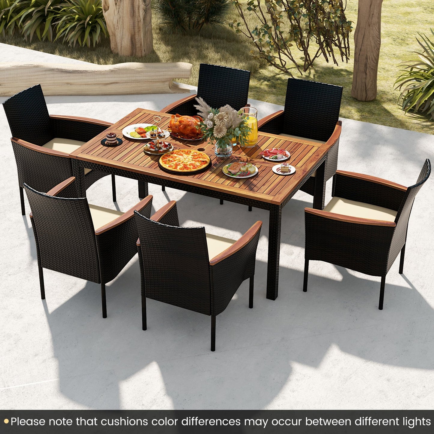 7 Pieces PE Rattan Outdoor Patio Dining Set for Yard Garden and Poolside-Brown